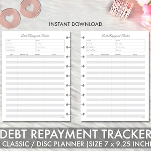 May include: Printable debt repayment tracker for a disc planner. The tracker has columns for date, amount paid, balance, and notes. The tracker is designed for a 7 x 9.25 inch planner.