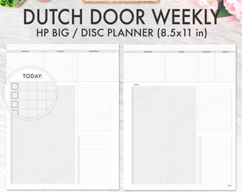 May include: A white Dutch Door Weekly planner with a grid layout, designed for HP Big/Disc planners. The planner includes sections for each day of the week, with a "Today" section and a space for notes. The planner measures 8.5x11 inches.