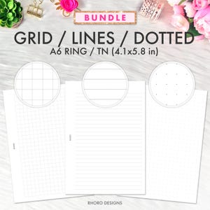 A6 Planner Insert Printable Grid, Lines, Dotted Grid Set, Printable A6 Ring TN Planner Insert, Foxy Fix A6 Insert Printable Grid Dotted Set