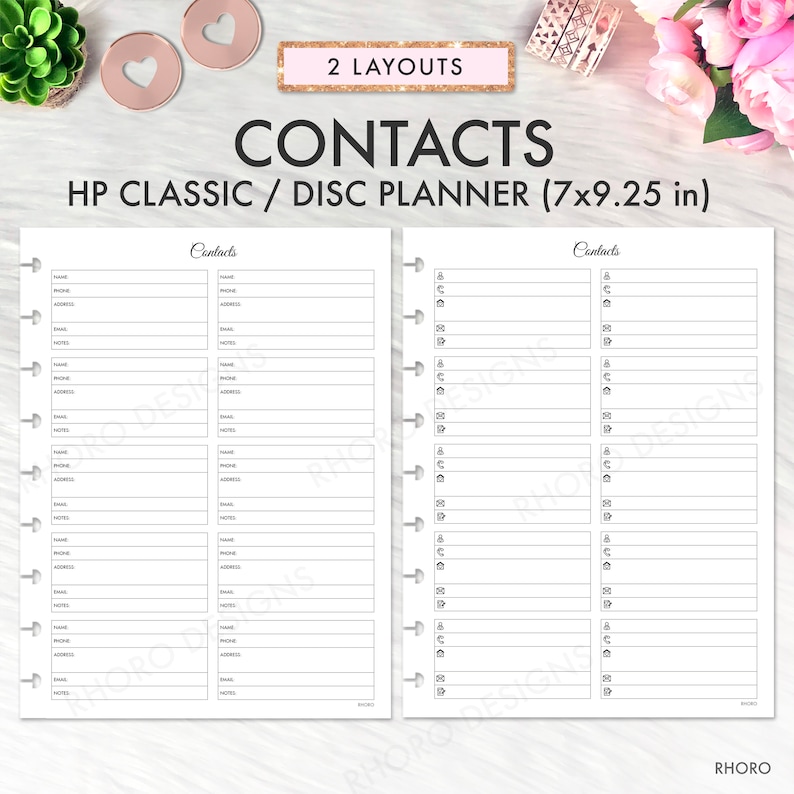 Op de afbeelding: Twee pagina's van een afdrukbare contactenlijst voor een disc-planner van 17,8 cm x 23,5 cm. De pagina's zijn getiteld "Contacten" en hebben velden voor naam, telefoon, adres, e-mail en notities.