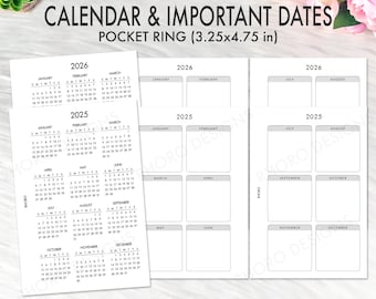 Taschenplaner 2025 2026, Taschenringe Einlage 2025 2026 Kalenderdatum, Jahr auf einen Blick Taschenplaner Filofax Ringe PDF zum ausdrucken