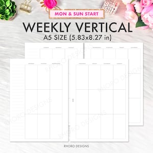 Może przedstawiać: Białe wkłady do planera tygodniowego w formacie A5 z pionowym układem siatki. Strony planera zawierają tekst "MON & SUN START" i "WEEKLY VERTICAL A5 SIZE (14,8x21 cm)".