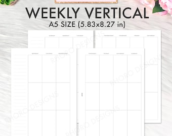 A5 Planner Inserts Printable, Weekly Vertical Planner Insert Template, A5 Inserts Weekly Undated Week On Two Pages WO2P Filofax A5 PDF