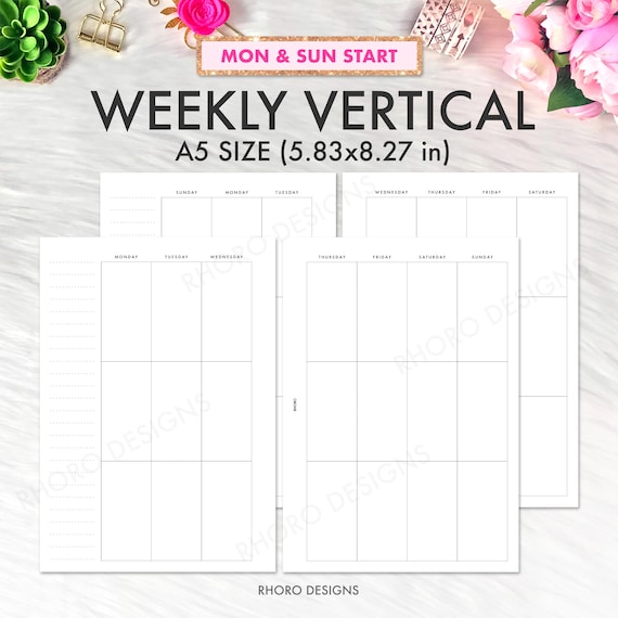 A5 Planner Inserts Printable, Weekly Vertical Planner Insert Template, A5 Inserts Weekly Undated Week On Two Pages WO2P Filofax A5 PDF