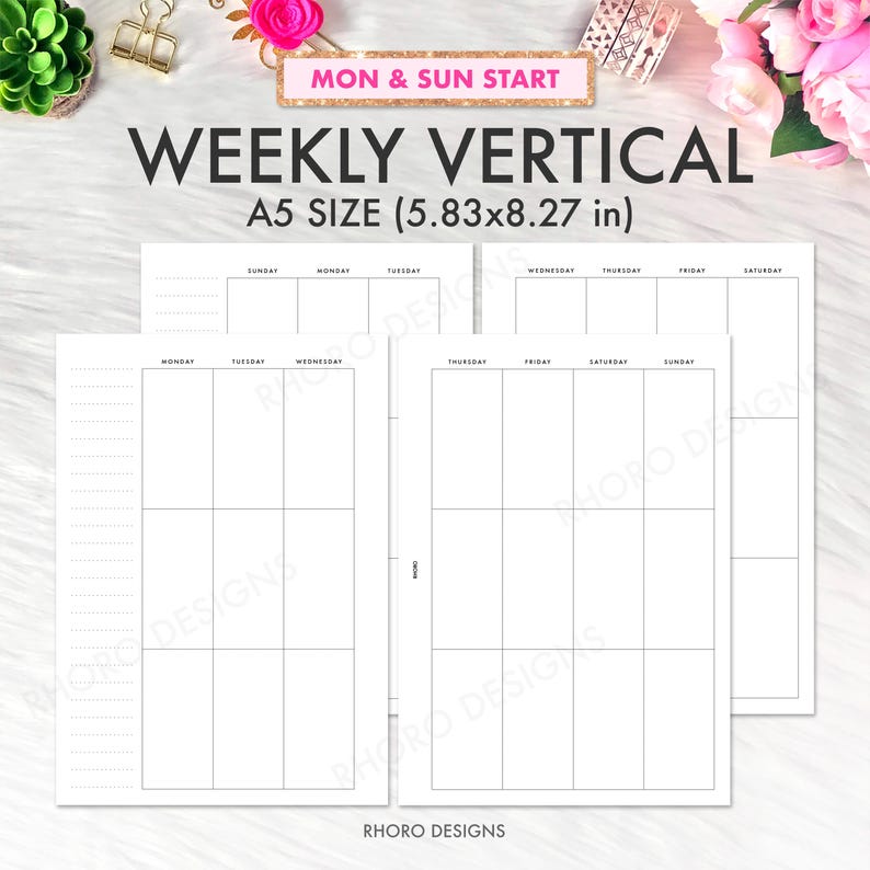 K&ouml;nnte beinhalten: Wei&szlig;e A5-Wochenplaner-Eins&auml;tze mit vertikalem Rasterlayout. Die Planerseiten tragen den Text "MON & SUN START" und "WEEKLY VERTICAL A5 SIZE (14,8x21 cm)". Die Seiten sind f&uuml;r die Wochenplanung konzipiert.