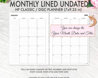 Happy Planner Classic, Happy Planner Printable Inserts, EDITABLE Classic Happy Planner Inserts, Editable Monthly Lines Undated Inserts PDF