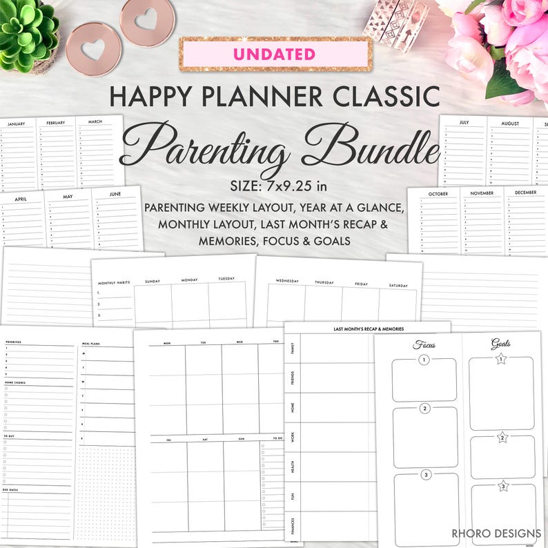 May include: A collection of undated Happy Planner Classic inserts for a Parenting Bundle. The inserts include weekly layouts, monthly layouts, and sections for goals and memories. The size is 7x9.25 inches.