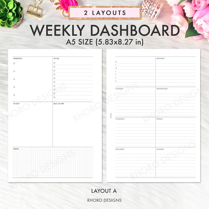 Puede incluir: Un planificador semanal imprimible en blanco y negro en tama&ntilde;o A5 (14,8 cm x 21 cm). El planificador tiene secciones para prioridades, tareas pendientes, compras, facturas por pagar, notas y tareas diarias de lunes a domingo.
