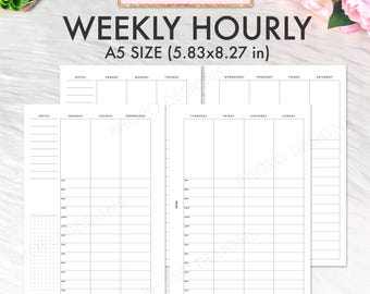 Planificateur horaire hebdomadaire A5, imprimable, modèle vertical hebdomadaire, insertions A5 hebdomadaires non datés, semaine non datée sur deux pages WO2P Filofax A5 PDF