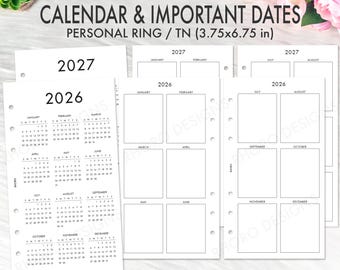 PERSONAL RING INSERT Printable 2026 2027 Calendar Date, Year At A Glance Personal Planner Printable Filofax Personal Inserts Refill Pdf