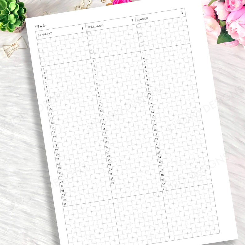 May include: A white planner page with a grid layout for tracking dates and events. The page is divided into sections for January, February, and March, with numbered days and space for notes. The word "YEAR:" is at the top.