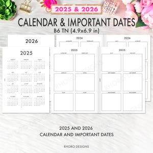 B6 TN Inserts, B6 Calendar Inserts, B6 2025 2026 B6 TN Inserts, Year at a Glance Travelers Notebook, B6 Travelers Notebook Printable Inserts