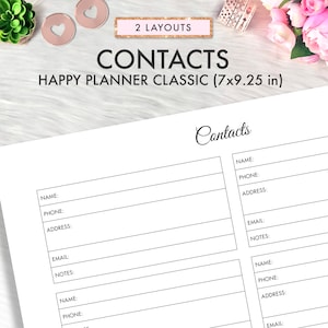 Op de afbeelding: Printbare contactenlijst voor Happy Planner Classic formaat, 17,8 cm bij 23,5 cm. De printbare heeft twee lay-outs, elk met velden voor naam, telefoon, adres, e-mail en notities.