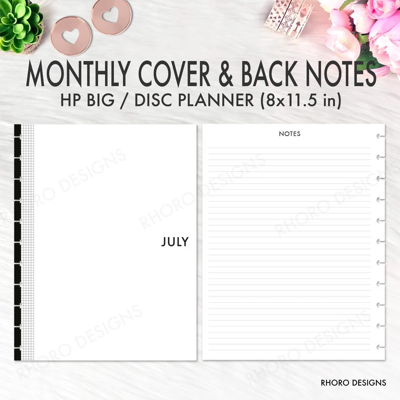 May include: A white disc planner spread with the text "MONTHLY COVER & BACK NOTES" and "HP BIG / DISC PLANNER (8x11.5 in)". The left page says "JULY". The right page is lined and says "NOTES".