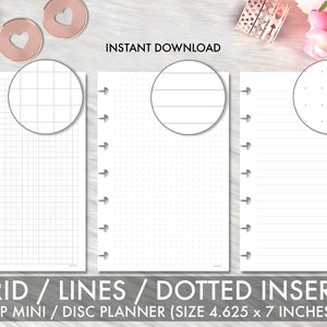 Könnte beinhalten: Drei druckbare Planer-Einsätze für einen Happy Planner Mini-Disc-Planer. Die Einsätze sind 4,625 Zoll mal 7 Zoll groß und haben ein Raster, Linien und Punkte.