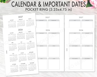 Pocket Planner 2026 2027, Pocket Rings Printable Insert 2026 2027 Calendar Date Year At A Glance Overview Printable Filofax Rings Refill PDF