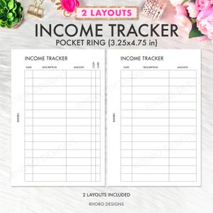 May include: Two white income tracker pocket ring inserts measuring 3.25x4.75 inches. Each page features columns for date, description, and amount, with one layout including cash and card checkboxes. The text reads Income Tracker and Rhoro Designs.