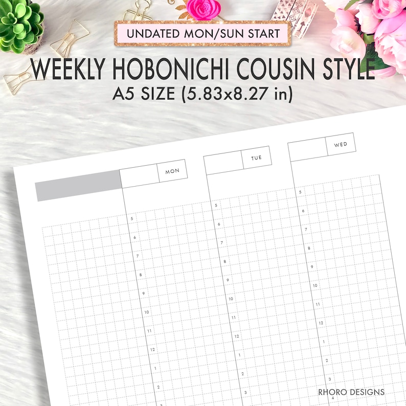 May include: A printable weekly planner in A5 size (5.83x8.27 inches) with a grid layout. The planner is undated and starts on Monday and ends on Sunday. The planner has columns for Monday, Tuesday, and Wednesday.