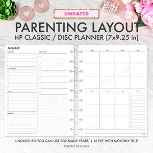 May include: A black and white parenting layout planner with the text "PARENTING LAYOUT HP CLASSIC / DISC PLANNER (7x9.25 in)". The planner includes sections for priorities, meal plans, home chores, to-buy lists, and a monthly calendar.