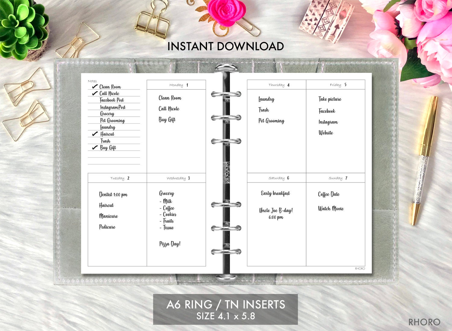 A6 Ring Inserts Printable Weekly Vertical Box, A6 Ring TN Planner ...
