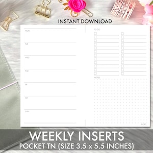 以下が含まれることがあります： ポケットサイズのトラベラーズノート用の印刷可能な週間プランナーインサート。インサートは3.5 x 5.5インチのノートブック用に設計されており、毎日のスケジュール、ToDoリスト、メモセクションが含まれています。