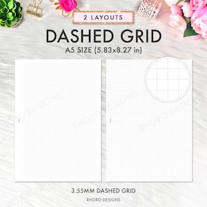 Può includere: Due layout di griglia tratteggiata stampabili di formato A5 (5,83x8,27 pollici). Un layout è una griglia a pagina intera e l'altro è una griglia circolare. La griglia è di 3,55 mm.