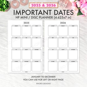 MINI HAPPY PLANNER Inserts Printable, Important Dates, Happy Planner Mini Printables, Mini Happy Planner Refill Inserts Printables 2025 2026