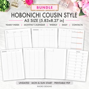 Könnte beinhalten: Ein digitales Planer-Set im A5-Format, 14,8 mal 21 cm, mit Layouts im Hobonichi Cousin-Stil. Das Set enthält einen Jahresindex, einen Monatskalender, Wochen- und Tagesseiten sowie eine Kontaktliste. Die Seiten sind undatiert und als PDF druckbar.