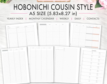 Hobonichi Cousin A5 Planner Inserts Printable, Yearly Index Monthly Calendar Weekly Daily Grid Undated Printable, Hobo Style Filofax A5 PDF