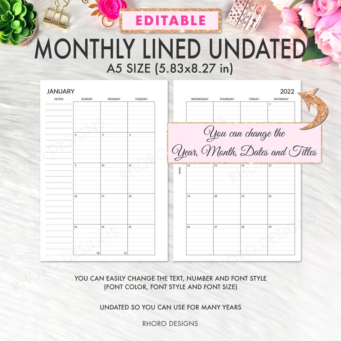 EDITABLE A5 Planner Inserts Printable A5 Monthly Lined - Etsy