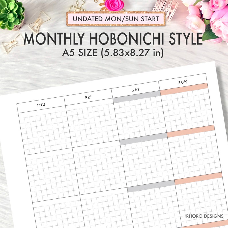 May include: A printable monthly planner in A5 size (5.83x8.27 inches) with a grid layout. The planner is undated and starts on Monday and ends on Sunday. The days of the week are labeled at the top of each column. The planner is designed in a Hobonichi style.