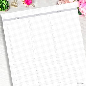 May include: A weekly planner with a gray grid background and a light gray header for each day of the week: Monday, Tuesday, and Wednesday. Each day has a column with a list of numbered boxes for writing tasks or appointments.