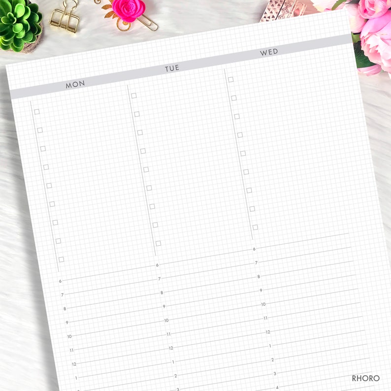 May include: A weekly planner with a gray grid background and a light gray header for each day of the week: Monday, Tuesday, and Wednesday. Each day has a column with a list of numbered boxes for writing tasks or appointments.