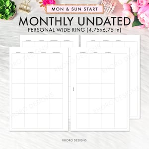 Personal Wide Monthly Inserts Printable, Personal Wide Month on Two Pages Calendar Undated, Monthly Right Notes, Monthly Planner Refill PDF