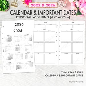 Personal Wide Inserts, Personal Wide Calendar 2025 2026 PW Ring, Personal Wide Planner Inserts Printable, Personal Wide Calendar Refill PDF
