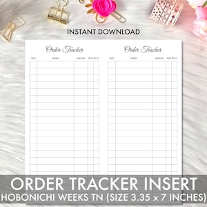 May include: Printable order tracker insert for the Hobonichi Weeks TN planner. The insert is designed to fit a planner that is 3.35 inches by 7 inches. The insert has two columns with headings for date, details, amount, and paid/received.