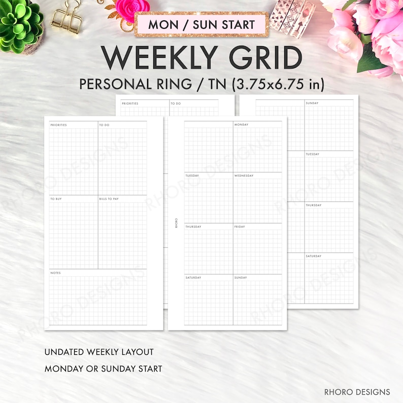 May include: A printable weekly planner grid in black and white. The planner is designed for a personal ring or traveler's notebook and measures 3.75 by 6.75 inches. The planner has sections for priorities, to do, to buy, bills to pay, notes, and daily scheduling. The planner can be used for either a Monday or Sunday start.