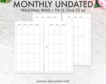 Personal Planner Inserts Printable, Personal Monthly Inserts, Monthly Undated Printable Inserts, Personal Inserts, Filofax Printable MO2P