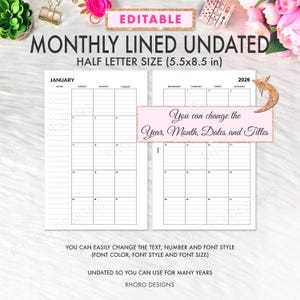 Calendario mezza pagina MODIFICABILE 2026, inserti per planner mezza pagina, mensile a righe non datato, inserti stampabili mezza lettera, PDF stampabile mezza pagina
