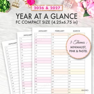 May include: A planner insert for 2026 and 2027, featuring a year-at-a-glance layout. The FC compact size is 4.25x6.75 inches. The design includes minimalist, pink, and pastel themes. The calendar displays months with dates and days.