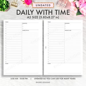 May include: A printable daily planner template in A5 size (5.83x8.27 inches). The template has space for writing the date, priorities, things to do, and notes. The planner is undated so it can be used for many years.
