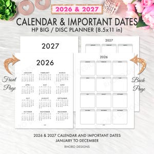 May include: A white planner featuring the years 2026 and 2027. The front page displays a calendar layout with months and dates, while the back page offers a monthly overview. The planner is designed for an HP Big/Disc planner, measuring 21.6 x 27.9 cm.