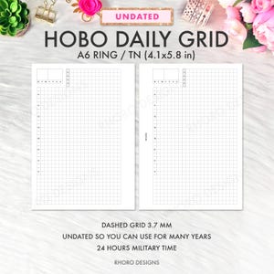 Puede incluir: Dos insertos de planificador Hobo Daily Grid sin fecha, tamaño A6 Ring/TN (10,4x14,7 cm). Cada página presenta un diseño de cuadrícula con líneas discontinuas de 3,7 mm y un formato de hora militar de 24 horas. Los insertos están diseñados para uso a largo plazo.
