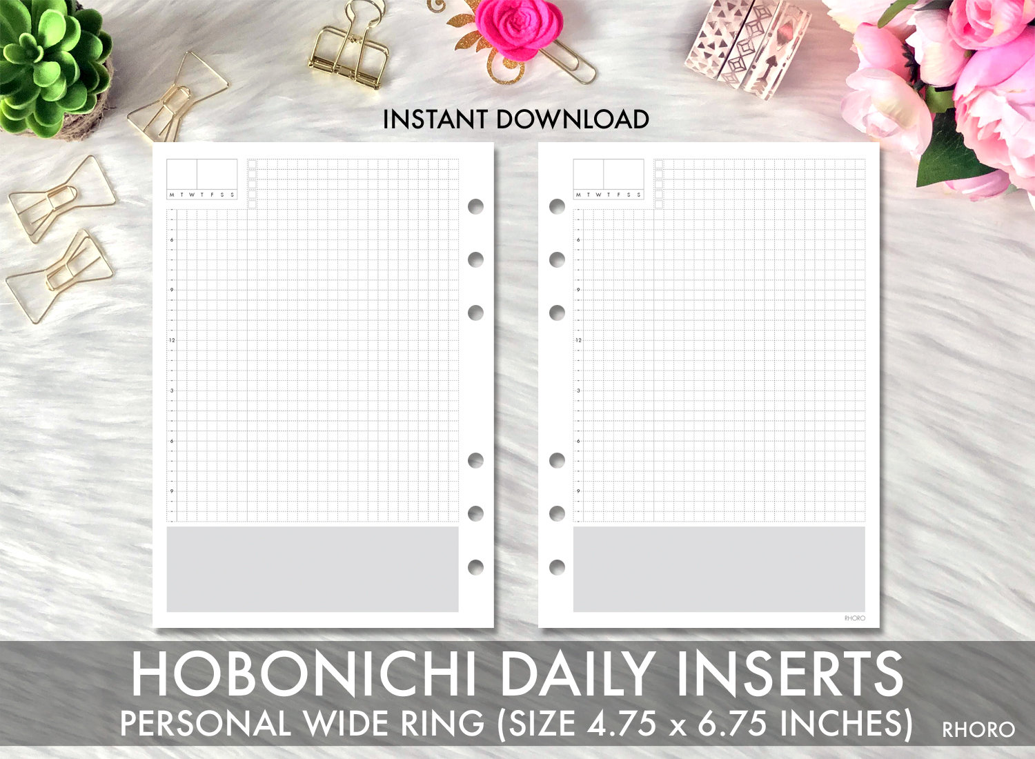 Personal Wide Ring Printable Inserts Hobonichi Grid Daily Etsy