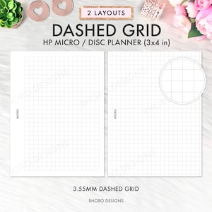 May include: Two printable layouts of a dashed grid planner for a Happy Planner Micro or Disc planner. The grid is 3.55 mm and the planner is 3 inches by 4 inches. The text "RHORO" is printed on the left and right sides of the grid.