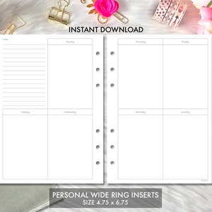 Pode incluir: Um inserto de planejador imprimível para uma pasta de argolas larga pessoal. O inserto é dividido em colunas diárias de segunda a domingo, com uma seção de notas no lado esquerdo. O inserto mede 4,75 polegadas por 6,75 polegadas.