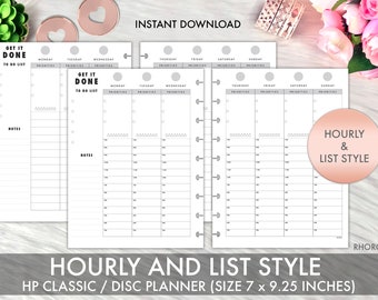 May include: Printable planner pages for a disc planner. The pages are designed for hourly scheduling and to-do lists. The pages are labeled with days of the week and include sections for priorities and notes. The planner pages are 7 inches by 9.25 inches.