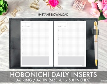 May include: A6 ring or A6 TN size Hobonichi daily planner insert with a grid pattern. The insert is 4.1 inches by 5.8 inches. The insert is shown in a black leather planner.