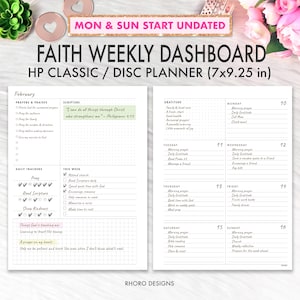 May include: A faith weekly dashboard planner insert for HP Classic disc systems measuring 7x9.25 inches. The layout includes sections for prayers, scripture, daily trackers, and a weekly schedule with Monday through Sunday columns and dates.