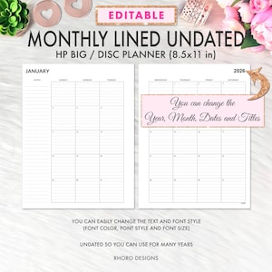 EDITABLE Happy Planner Big Inserts, Monthly Lined Planner, Month, Happy Planner Big Monthly Refill Printable Inserts Happy Planner Printable